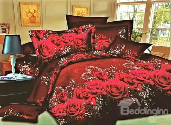 Red Rose Printing High Quality Polyester 4-Piece Duvet Cover Sets