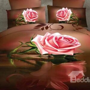 Pink Rose with Brown Background Polyester 4-Piece Duvet Cover Sets