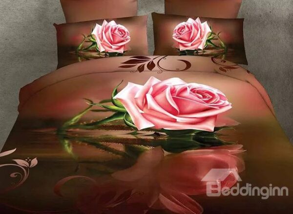 Pink Rose with Brown Background Polyester 4-Piece Duvet Cover Sets