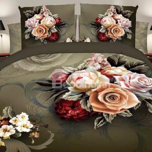 European Style Flowers Print Brown Polyester 4-Piece Duvet Cover Sets