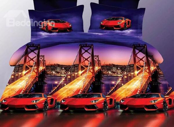Bay Bridge Red Roadster Printing Polyester 4-Piece Duvet Cover Sets