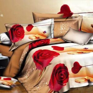 Cute Cupid and Red Rose Design Champagne Polyester 4-Piece Duvet Cover Sets