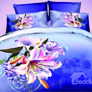 Well-made Vibrant Lily Design Dark Blue 4-Piece Polyester Duvet Cover Sets