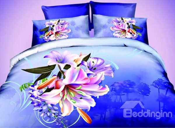 Well-made Vibrant Lily Design Dark Blue 4-Piece Polyester Duvet Cover Sets