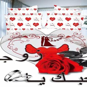 Wedding Ring Red Rose Heart Print White 4-Piece Polyester Duvet Cover Sets