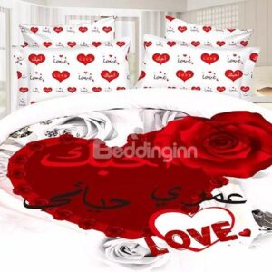 Wedding Style Red Rose Print White 4-Piece Polyester Duvet Cover Sets