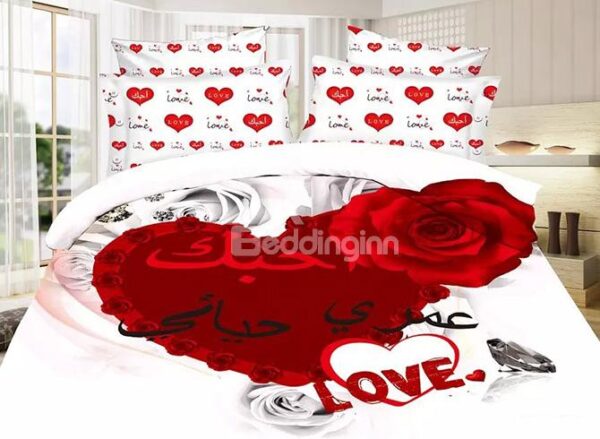 Wedding Style Red Rose Print White 4-Piece Polyester Duvet Cover Sets