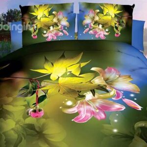 Pastoral Pink Lily Maple Leaf Print 4-Piece Polyester Duvet Cover Sets