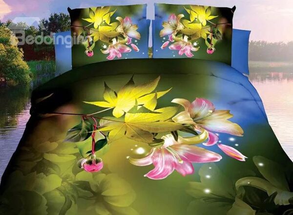 Pastoral Pink Lily Maple Leaf Print 4-Piece Polyester Duvet Cover Sets