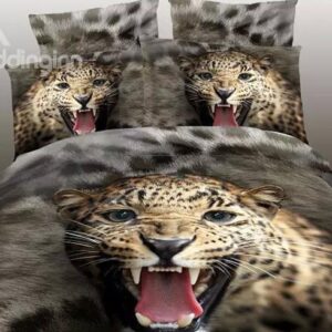 Domineering Roaring Leopard Print 4-Piece Polyester Duvet Cover Sets