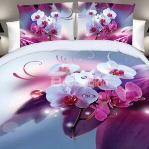 White and Rosy Butterfly Orchid Print Polyester 4-Piece Duvet Cover Sets