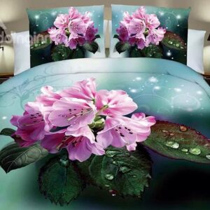 Shining Pink Flowers Print Dark Green 4-Piece Polyester Duvet Cover Sets