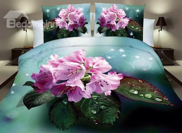 Shining Pink Flowers Print Dark Green 4-Piece Polyester Duvet Cover Sets