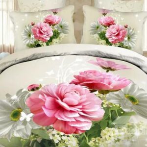 Shining White and Pink Flowers Design Polyester 4-Piece Duvet Cover Sets