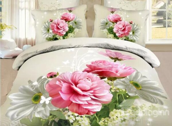 Shining White and Pink Flowers Design Polyester 4-Piece Duvet Cover Sets