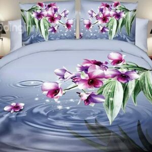 Vibrant Rosy Flowers Design Blue 4-Piece Polyester Duvet Cover Sets