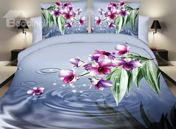 Vibrant Rosy Flowers Design Blue 4-Piece Polyester Duvet Cover Sets