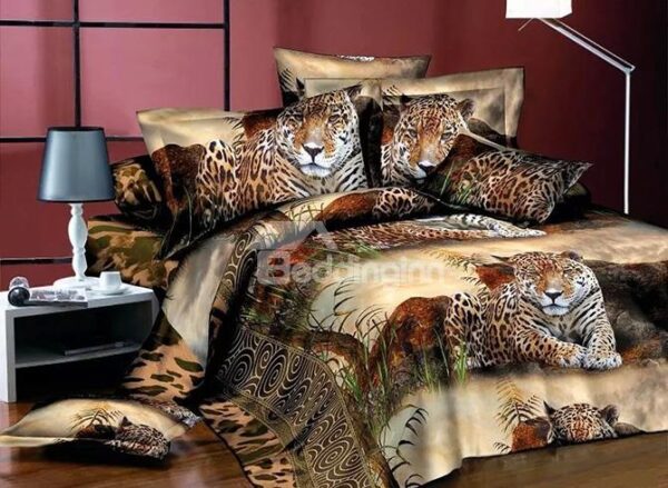 Powerful Crouching Leopard Print European Style Polyester 4-Piece Duvet Cover Sets