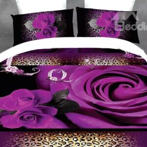 Blooming Purple Roses and Wild Leopard Design 4-Piece Polyester Duvet Cover Sets