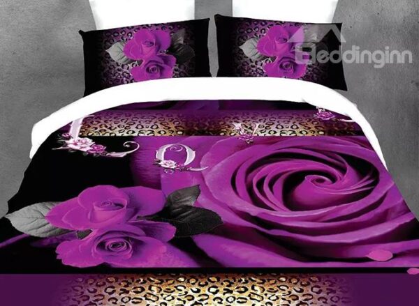 Blooming Purple Roses and Wild Leopard Design 4-Piece Polyester Duvet Cover Sets