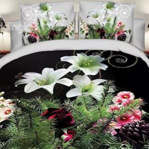 White Lily and Pine Branch Print 4-Piece Duvet Cover Sets