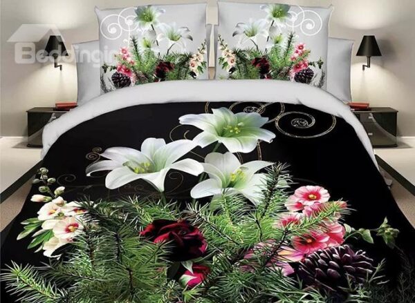 White Lily and Pine Branch Print 4-Piece Duvet Cover Sets
