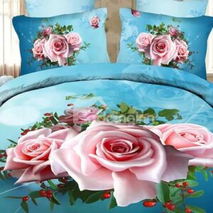 Fancy Pink Flowers Print Sky Blue 4-Piece Polyester Duvet Cover Sets