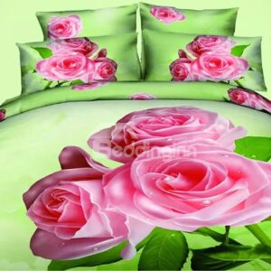 Gorgeous Pink Flowers Print Fresh Green Polyester 4-Piece Duvet Cover Sets