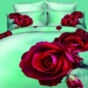 Vivid Red Roses Design Refreshing Green 4-Piece Polyester Duvet Cover Sets