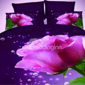 Blooming Rosy Flower Print Dark Blue 4-Piece Polyester Duvet Cover Sets