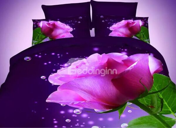Blooming Rosy Flower Print Dark Blue 4-Piece Polyester Duvet Cover Sets
