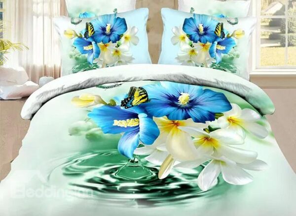 Refreshing Blue and White Flowers Butterfly Print 4-Piece Polyester Duvet Cover Sets