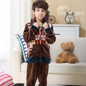 Warm Coral Fleece Plaid Pattern Kids Pajamas