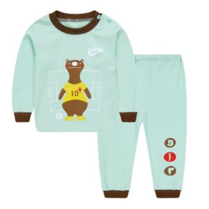 Light Blue Round Collar Bear Print Kids Pajamas