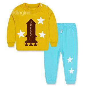 Rocket Print Solid Color Thickened Kids Pajamas