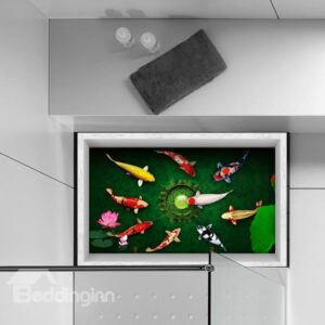 Wonderful Golden Fish in Green Leafy Pond Slipping-Preventing Water-Proof Bathroom 3D Floor Sticker