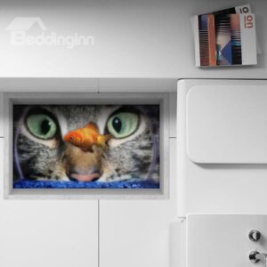 Close-Up of Cat Watching Fish in a Bowl Slipping-Preventing Water-Proof Bathroom 3D Floor Sticker