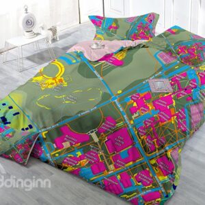 Creative City Traffic Line Print Satin Drill 4-Piece Duvet Cover Sets