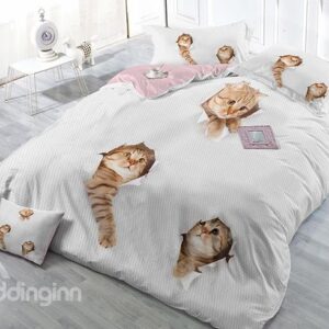 Likable 3D Cats Print Satin Drill White 4-Piece Duvet Cover Sets