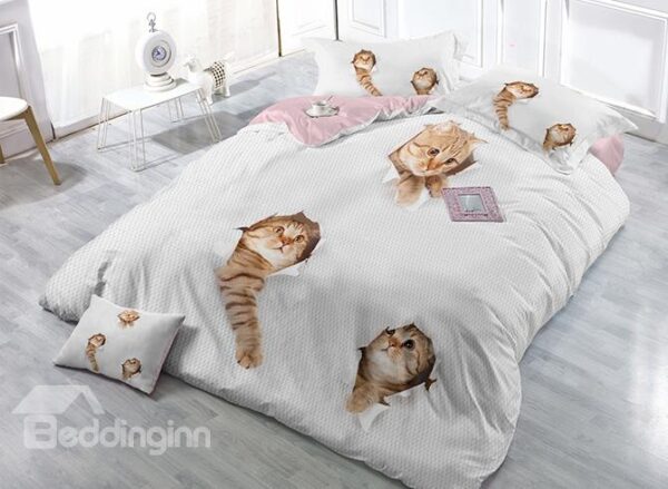 Likable 3D Cats Print Satin Drill White 4-Piece Duvet Cover Sets