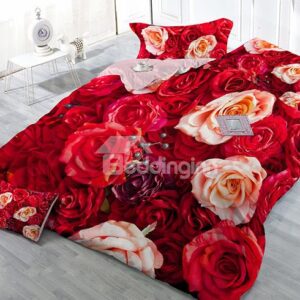 Vivacious Red Flowers Print Satin Drill 4-Piece Duvet Cover Sets