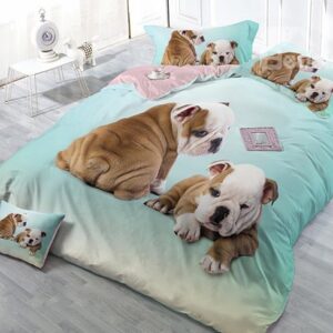 Adorable Dogs Print Light Blue Satin Drill 4-Piece Duvet Cover Sets