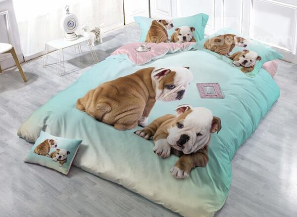 Adorable Dogs Print Light Blue Satin Drill 4-Piece Duvet Cover Sets