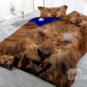 Powerful Vivid Lion Print 4-Piece Satin Drill Duvet Cover Sets