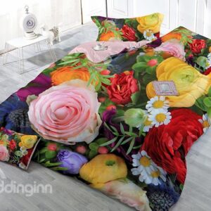 Vibrant Colorful Flowers Print Satin Drill 4-Piece Cotton Duvet Cover Sets