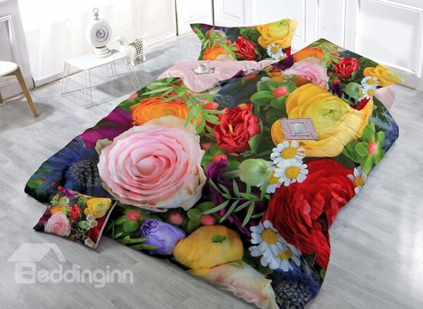 Vibrant Colorful Flowers Print Satin Drill 4-Piece Cotton Duvet Cover Sets