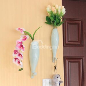 Creative Fish Design Ceramic Wall Vase with Hooks