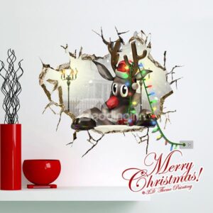 Festival Christmas Cartoon Reindeer Through Wall Hole 3D Wall Sticker