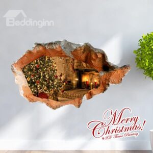 Festival Christmas Room Decoration Fireplace and Christmas Tree Removable 3D Wall Sticker