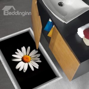Unique White Daisy in Black Background Slipping-Preventing Water-Proof Bathroom 3D Floor Sticker